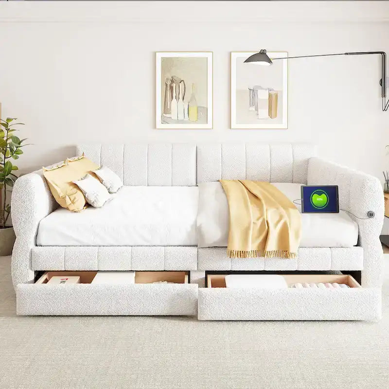 Lit plateforme rembourré Queen Size avec port USB et 2 tiroirs, blanc