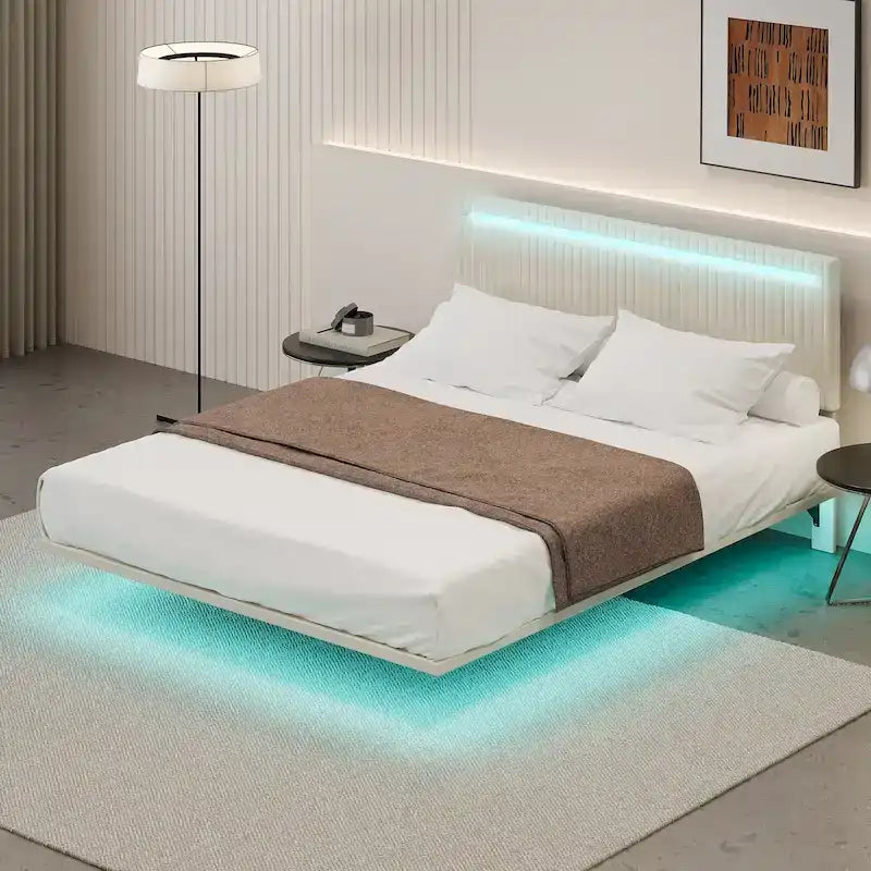 Cadre de Lit Flottant Rembourré Moderne avec Lumières LED, Lit en Velours Design Vertical à Canaux, Taille Double, Beige