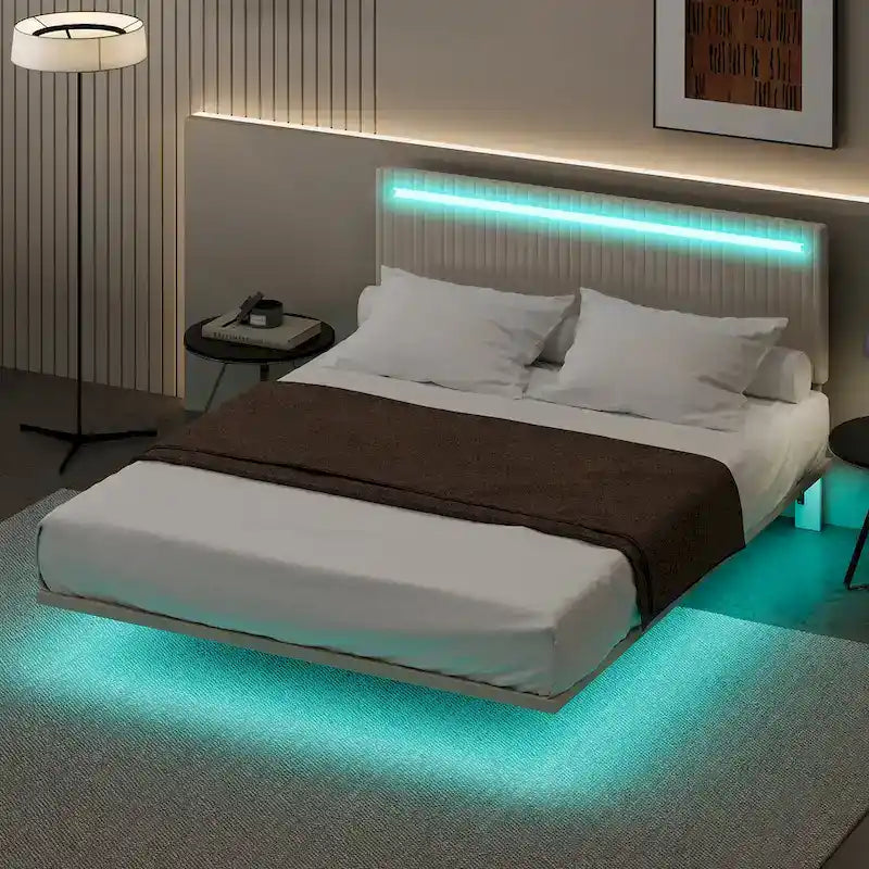 Cadre de Lit Flottant Rembourré Moderne avec Lumières LED, Lit en Velours Design Vertical à Canaux, Taille Double, Beige