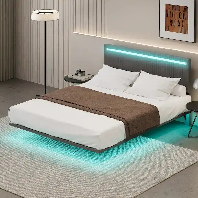 Cadre de Lit Flottant Rembourré Moderne avec Lumières LED, Lit en Velours Design Vertical à Canaux, Taille Double, Beige