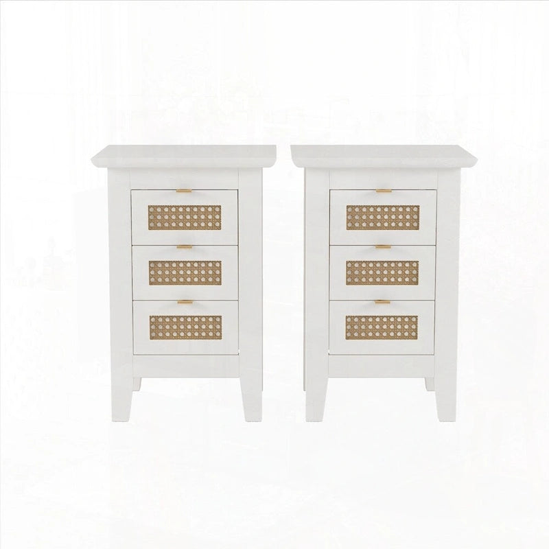 Wooden Nightstands Set of 2 with Rattan-Woven Surfaces and Three Drawers