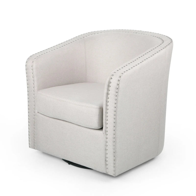 Fauteuil pivotant, style baril rond classique, tissu beige blé