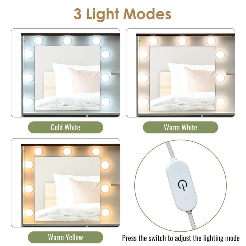 Coiffeuse avec miroir et lumières, table de maquillage avec étagères réglables et tiroir, meuble de maquillage avec armoire latérale