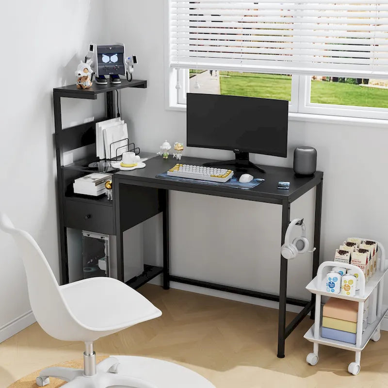Computer Desk with Power Outlet & Storage Shelves