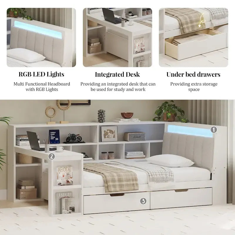 Canapé-lit d'angle en bois en forme de L avec bureau, bibliothèque, lit d'angle avec tiroirs de rangement, tête de lit rembourrée et éclairage intégré