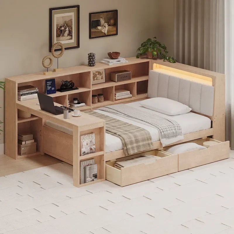 L-shaped Wooden Sofa Daybed with Desk, Bookcase Cabinet, Corner Bed with Under-bed Drawers, Upholstered Headboard Built-in Light