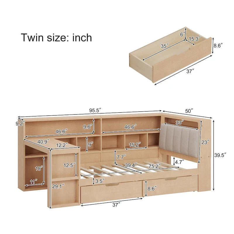 Canapé-lit d'angle en bois en forme de L avec bureau, bibliothèque, lit d'angle avec tiroirs de rangement, tête de lit rembourrée et éclairage intégré
