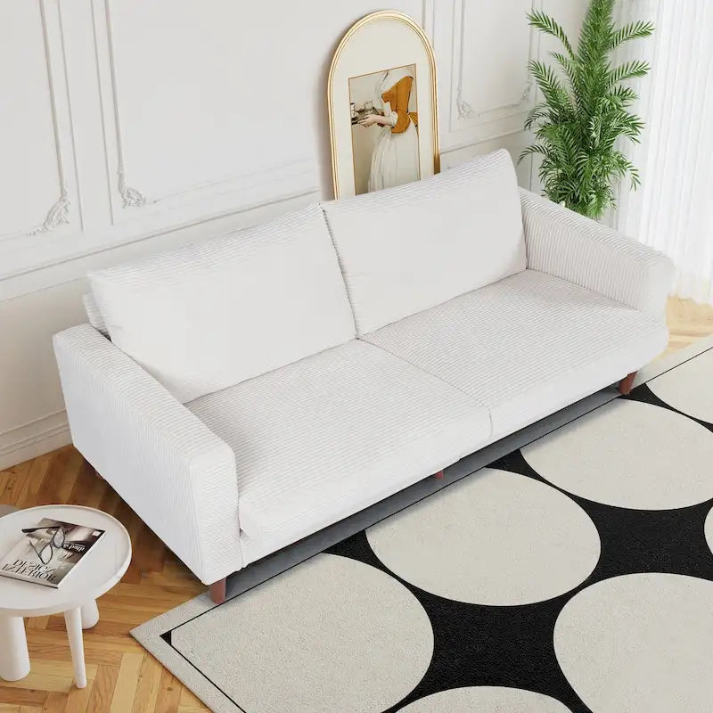 Causeuse à 2 places rectangulaire moderne du milieu du siècle en velours côtelé avec accoudoirs carrés, longueur 210 cm