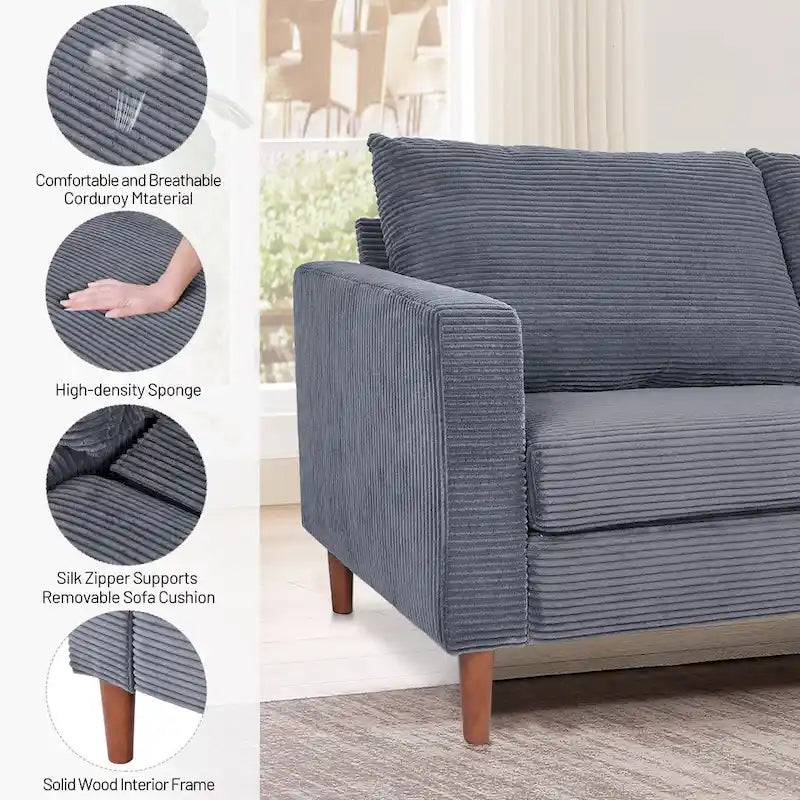 Causeuse à 2 places rectangulaire moderne du milieu du siècle en velours côtelé avec accoudoirs carrés, longueur 210 cm