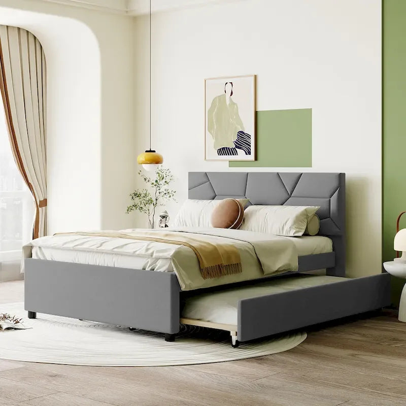 Grey Linen Upholstered Full Platform Bed with Brick Pattern Headboard and Trundle - No Box Spring Needed