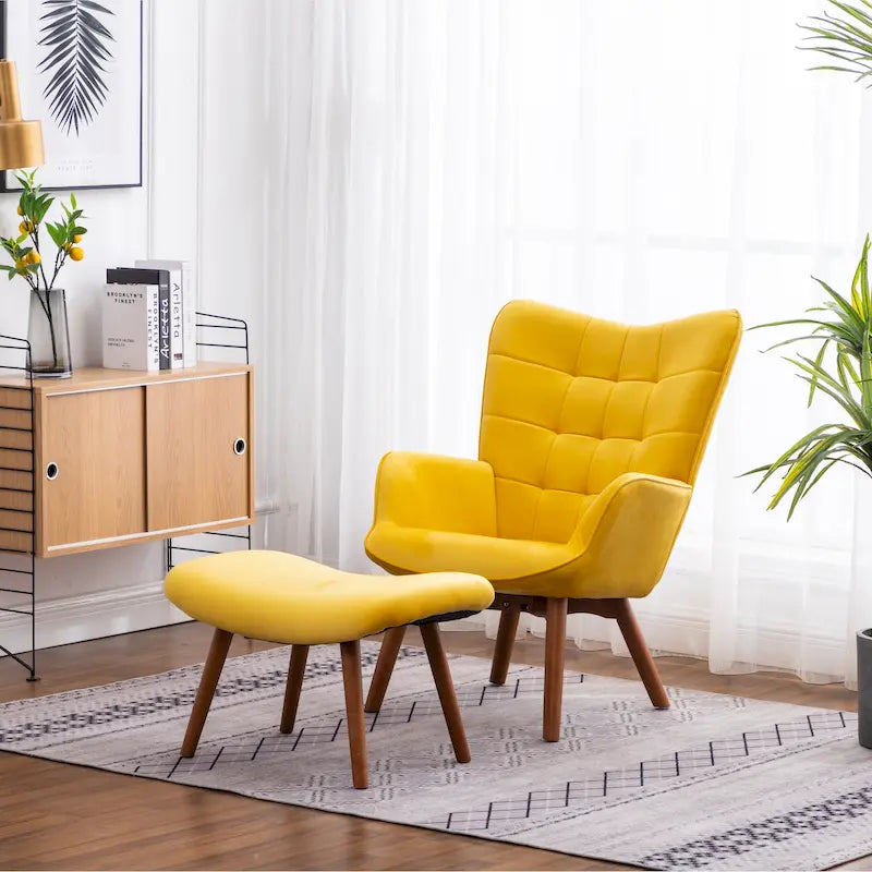 Fauteuil d'appoint jaune moderne en polyester 33 avec ottoman et pieds fuselés en bois