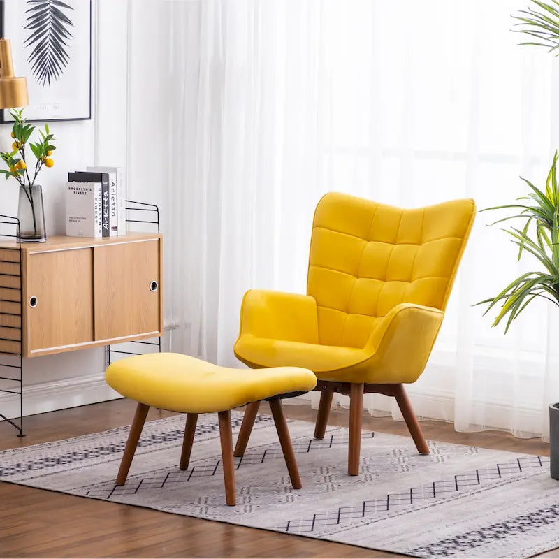 Yellow Modern 33 Polyester Button Tufted Accent Chair with Ottoman and Tapering Wood Dowel Legs