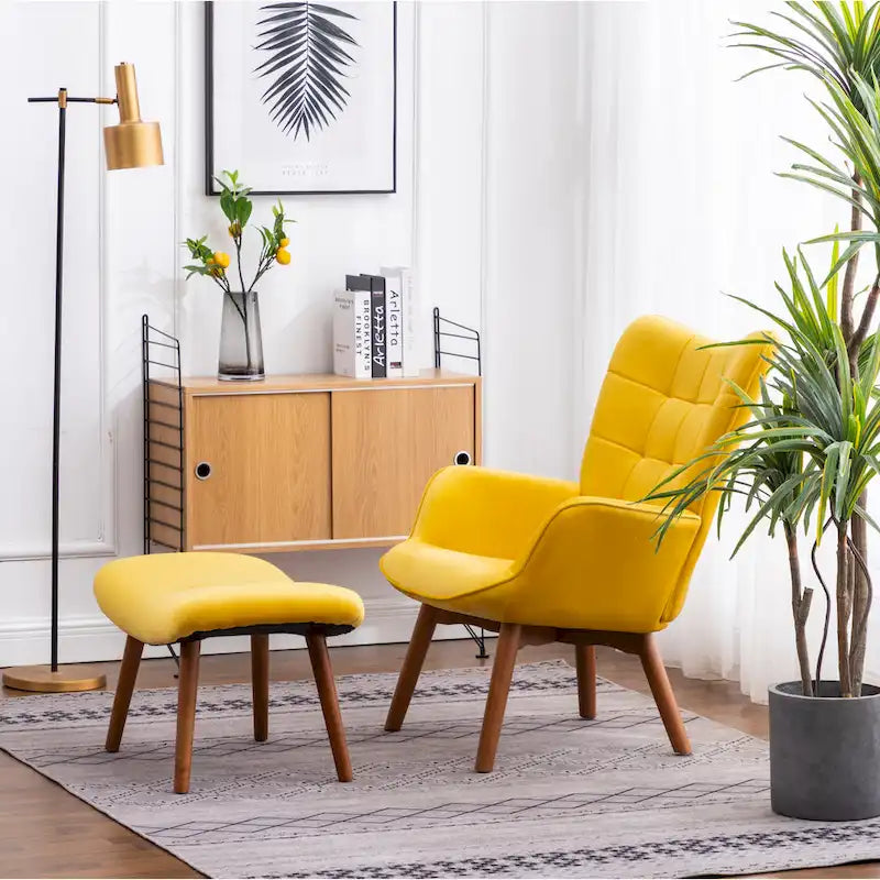 Fauteuil d'appoint jaune moderne en polyester 33 avec ottoman et pieds fuselés en bois