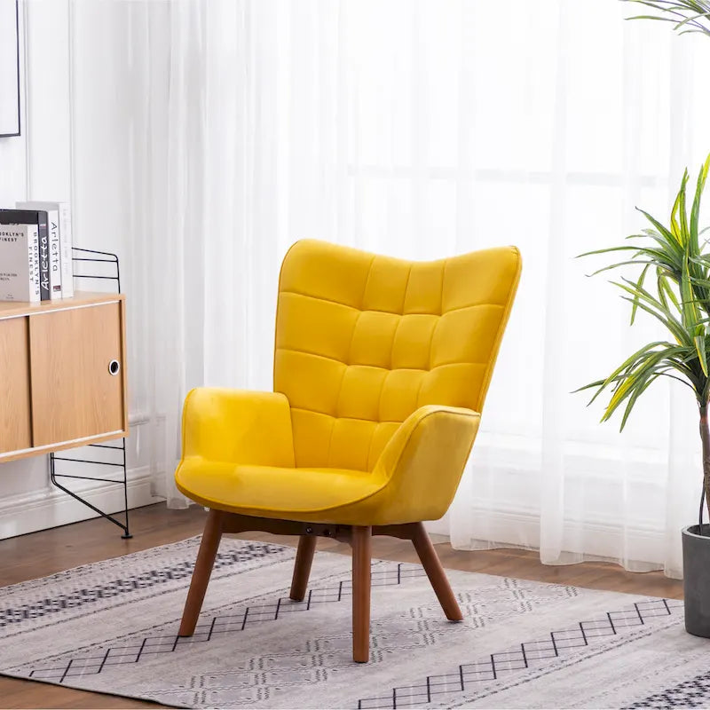 Fauteuil d'appoint jaune moderne en polyester 33 avec ottoman et pieds fuselés en bois
