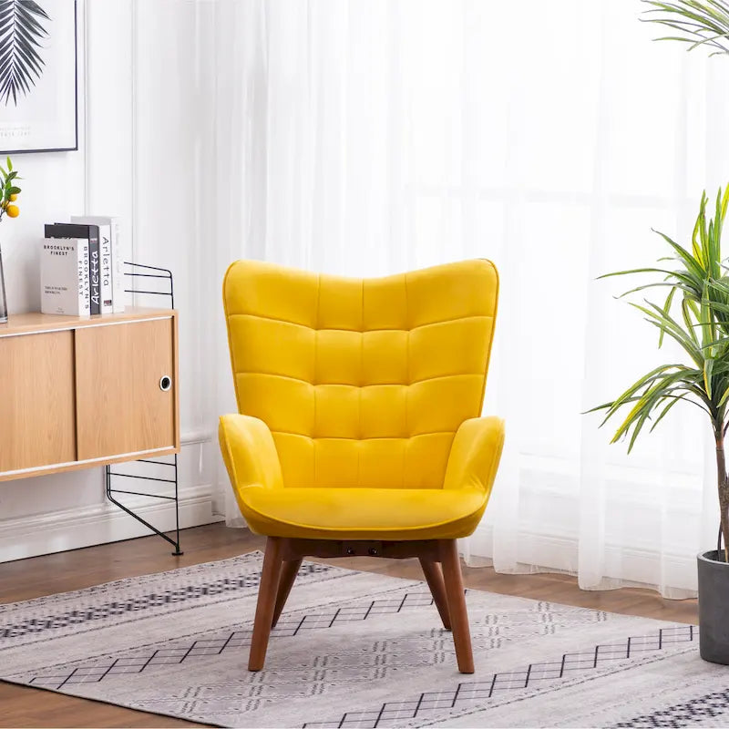 Fauteuil d'appoint jaune moderne en polyester 33 avec ottoman et pieds fuselés en bois