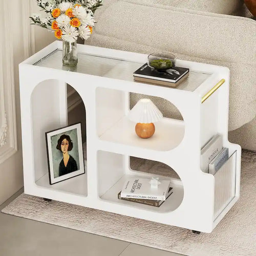 31.5 Modern Mobile End Table with 5mm Thick Fluted Tempered Glass, Lockable Wheels and Golden Round Rod