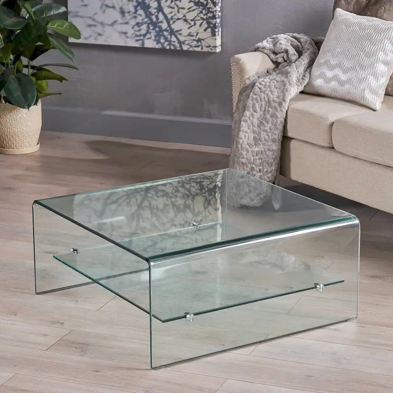 Table basse carrée en verre Ramona avec étagère