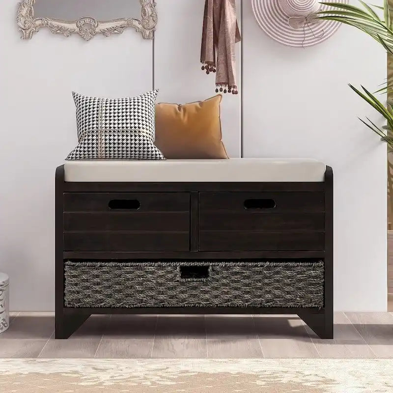Banc de rangement d'entrée avec panier amovible et 2 tiroirs, avec coussin amovible pour salon
