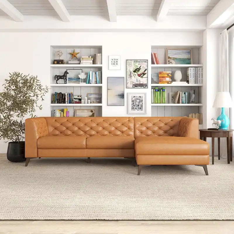 Canapé d'angle sectionnel Chesterfield moderne Florentina en cuir de qualité supérieure avec capitonnage, couleur cognac