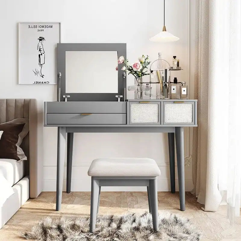 Coiffeuse en bois avec miroir escamotable et tabouret