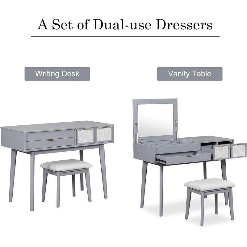 Coiffeuse en bois avec miroir escamotable et tabouret