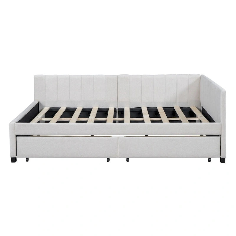Lit de repos rembourré pleine grandeur avec 2 tiroirs de rangement, Cadre de lit banquette, Aucun sommier tapissier requis, Tissu en lin (beige)