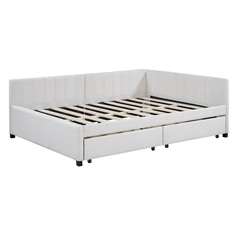 Lit de repos rembourré pleine grandeur avec 2 tiroirs de rangement, Cadre de lit banquette, Aucun sommier tapissier requis, Tissu en lin (beige)
