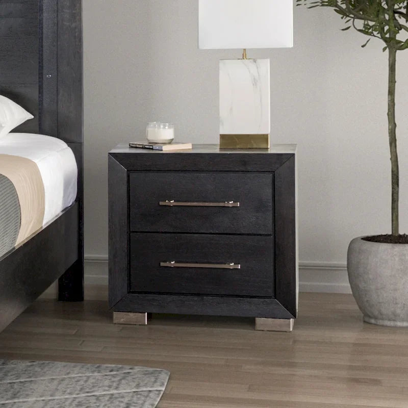 Lit et table de chevet Alaric en bois massif noir moderne pour chambre à coucher avec tête de lit LED