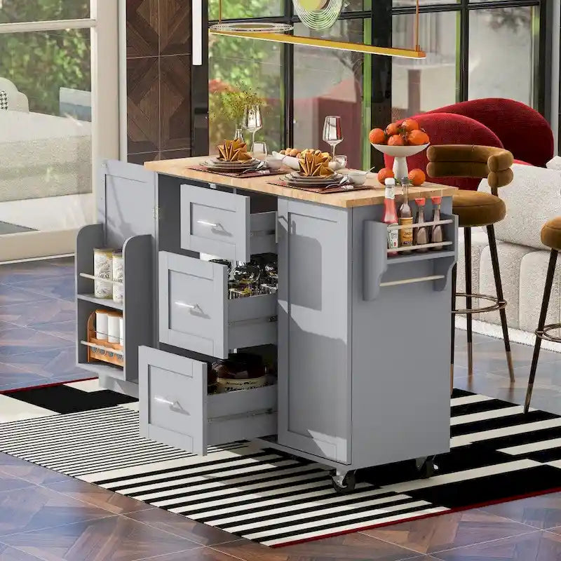 Îlot de cuisine de 127 cm de large avec plateau en bois d'hévéa sur 5 roulettes avec 3 tiroirs et 2 étagères coulissantes