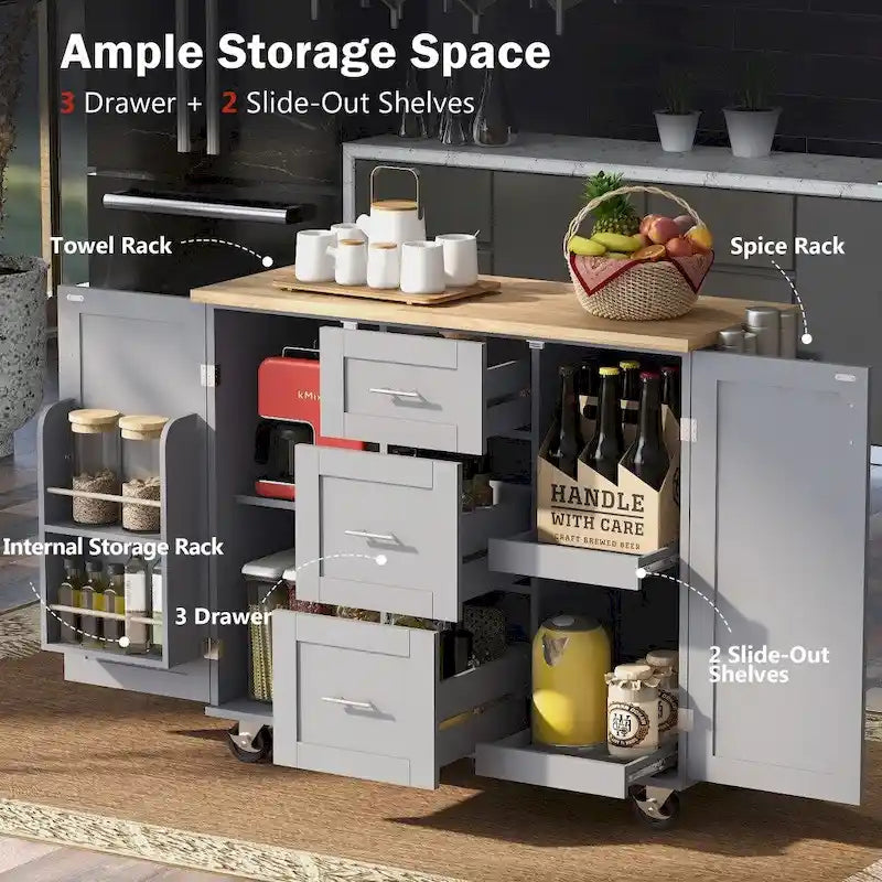 Îlot de cuisine de 127 cm de large avec plateau en bois d'hévéa sur 5 roulettes avec 3 tiroirs et 2 étagères coulissantes