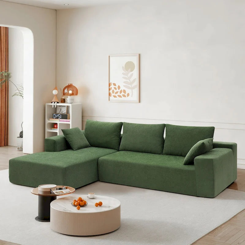 Ensemble de canapé d'angle modulable vert en forme de L de 277 cm, au design minimaliste et capitonné, avec combinaison de deux pièces - 277 L x 173 P x 72 H cm