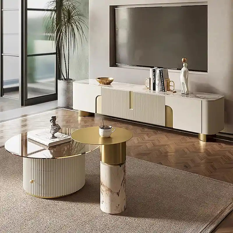 Meuble TV de 200 cm avec 3 tiroirs, couleur blanche, plateau en pierre frittée - 200 cm