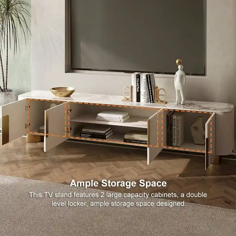 Meuble TV de 200 cm avec 3 tiroirs, couleur blanche, plateau en pierre frittée - 200 cm