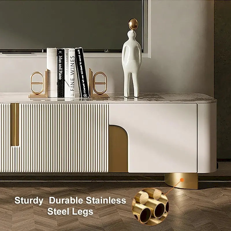 Meuble TV de 200 cm avec 3 tiroirs, couleur blanche, plateau en pierre frittée - 200 cm