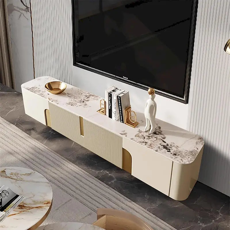 Meuble TV de 200 cm avec 3 tiroirs, couleur blanche, plateau en pierre frittée - 200 cm