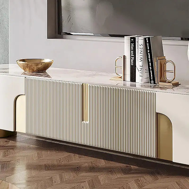 Meuble TV de 200 cm avec 3 tiroirs, couleur blanche, plateau en pierre frittée - 200 cm