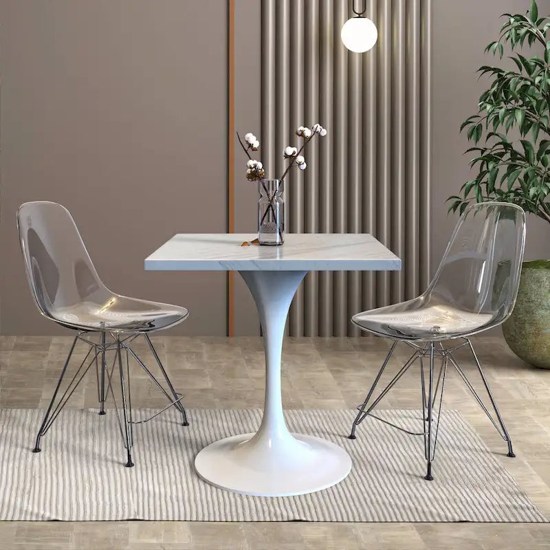 Table de salle à manger carrée Verve avec plateau en résine et piètement en acier blanc pour cuisine et salle à manger