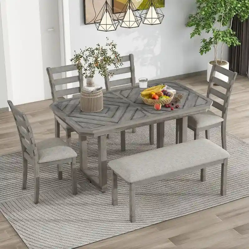 Ensemble de salle à manger 6 pièces en bois d'hévéa avec plateau de table au beau motif de grain de bois