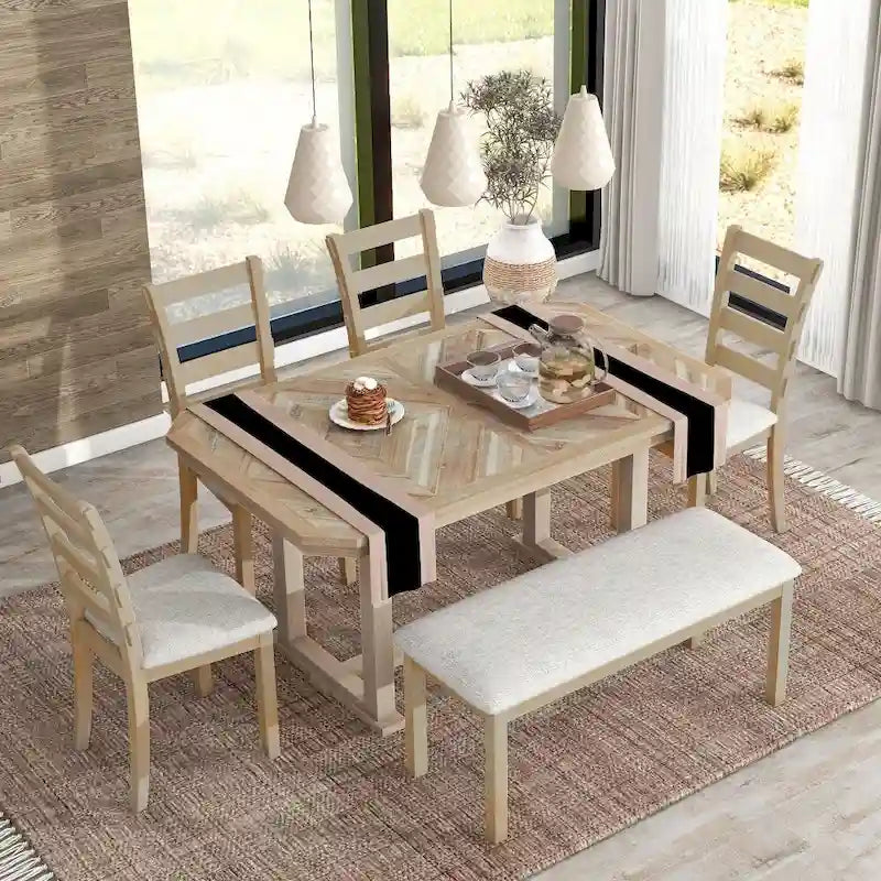 Ensemble de salle à manger 6 pièces en bois d'hévéa avec plateau de table au beau motif de grain de bois