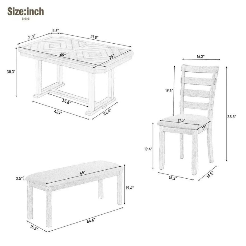 Ensemble de salle à manger 6 pièces en bois d'hévéa avec plateau de table au beau motif de grain de bois