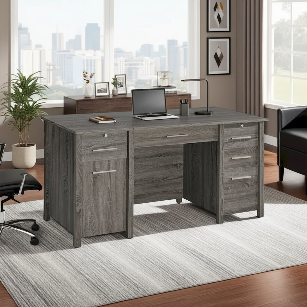 Wim 60 Inch 4 Drawer Lift Top Office Desk, 2 Pull Out Trays, Weathered Gray