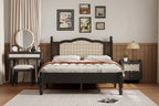 Wooden Platform Bed with Natural Rattan Headboard